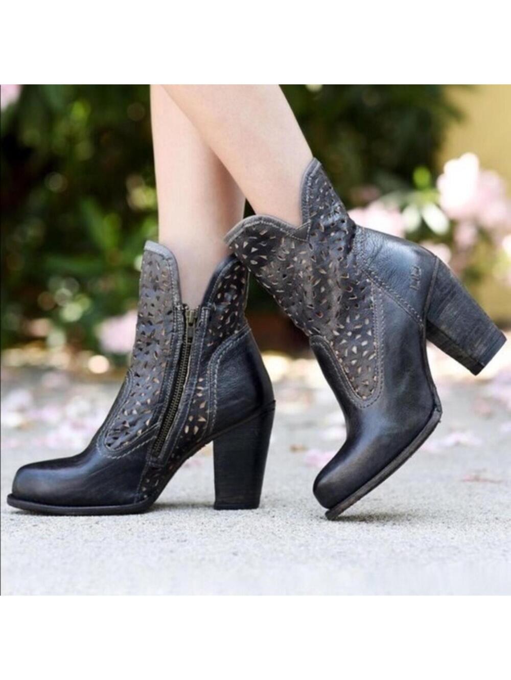 BED STU Cobbler Series IRMA Perforated Leather Heeled Ankle Boots Black Size 6.5